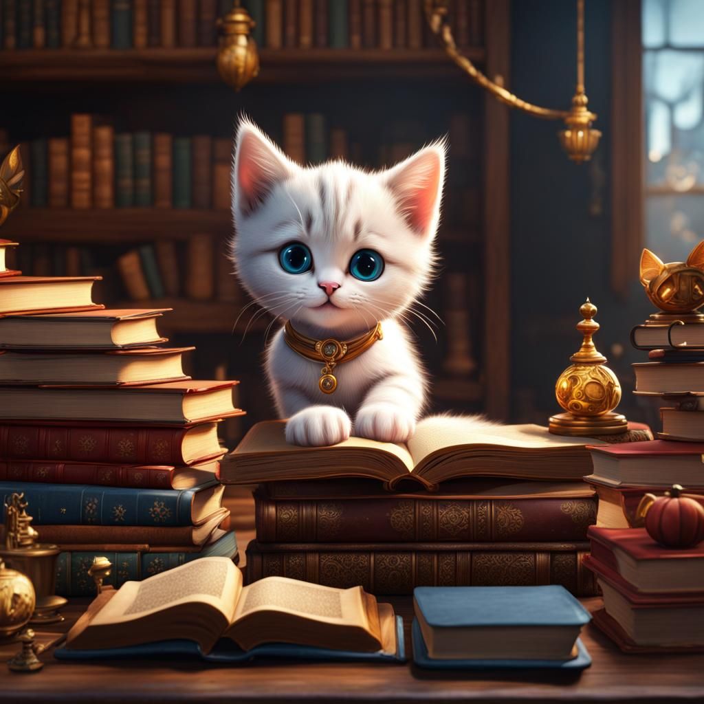 Cute Kitten Plays Among Books: Fantasy Concept Art
