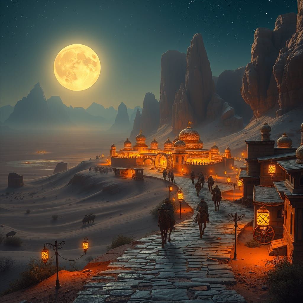 Medieval Merchant Road Under Starlight and Moonlight