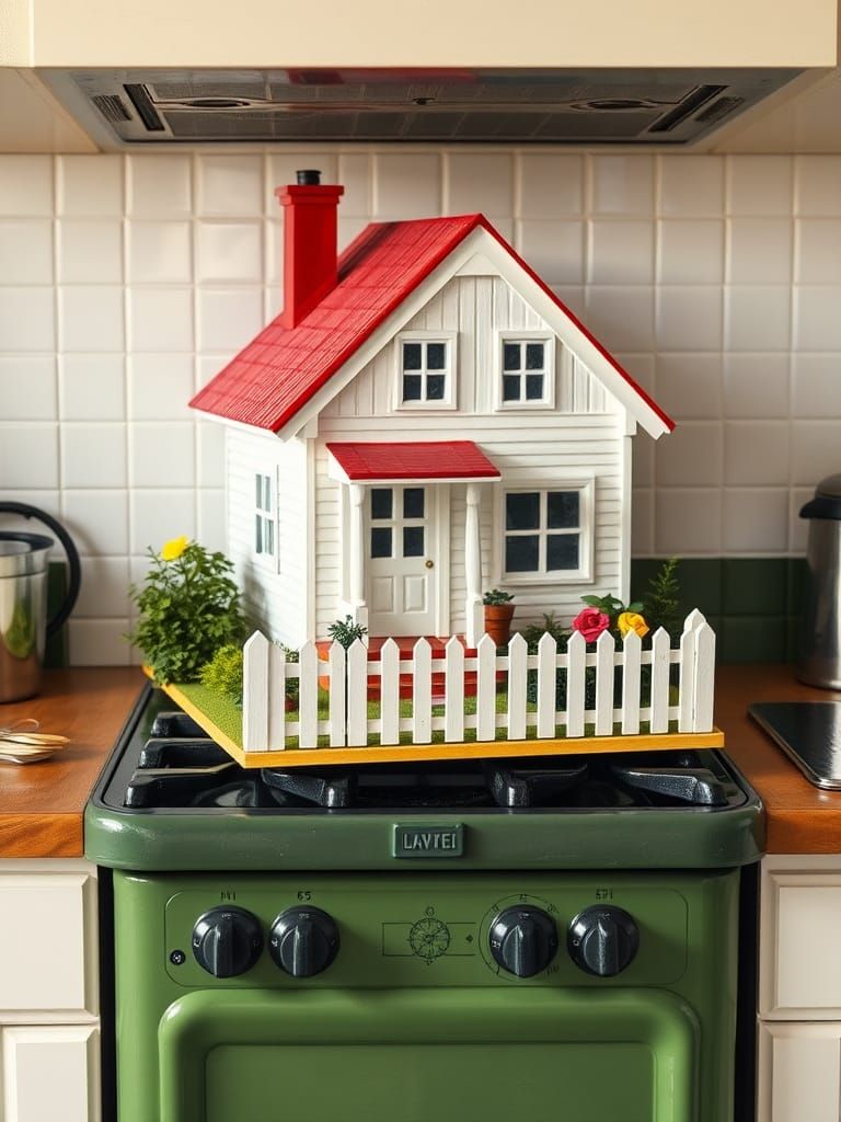 Cottagecore Home on a Vintage Stove Top, Oil Painting