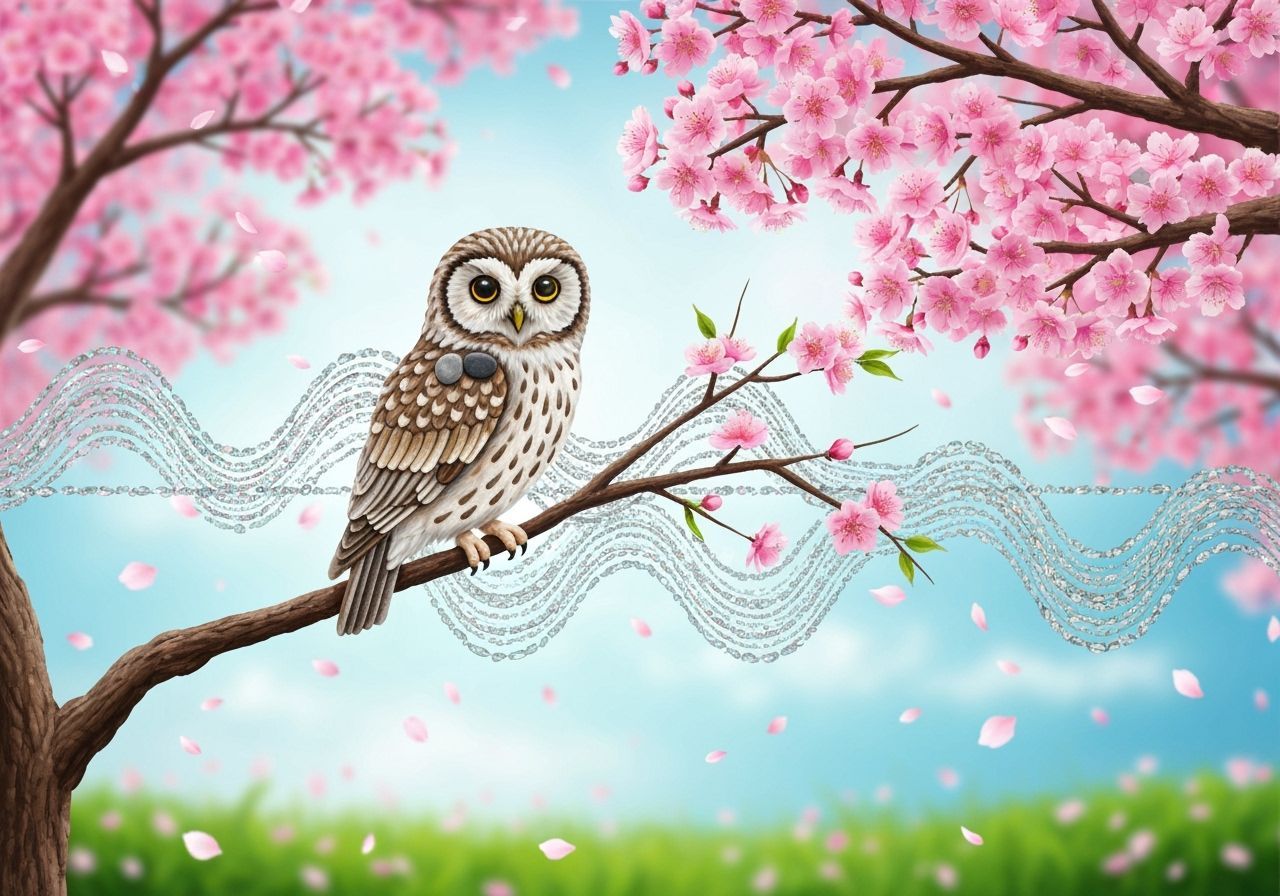 Pebble Art: Owl on Sakura Tree with Wave Function