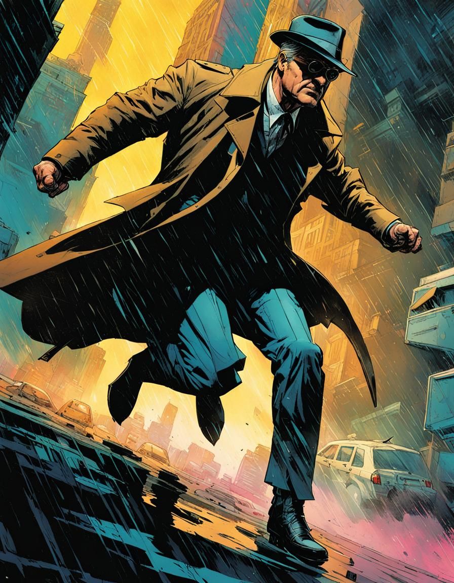 Noir Detective Leaping in Chromatic Cyberpunk Comic