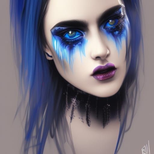 Ethereal gothic young lady with jet black hair and electric blue highlights and cobalt blue eyeshadow and Black eyeliner...