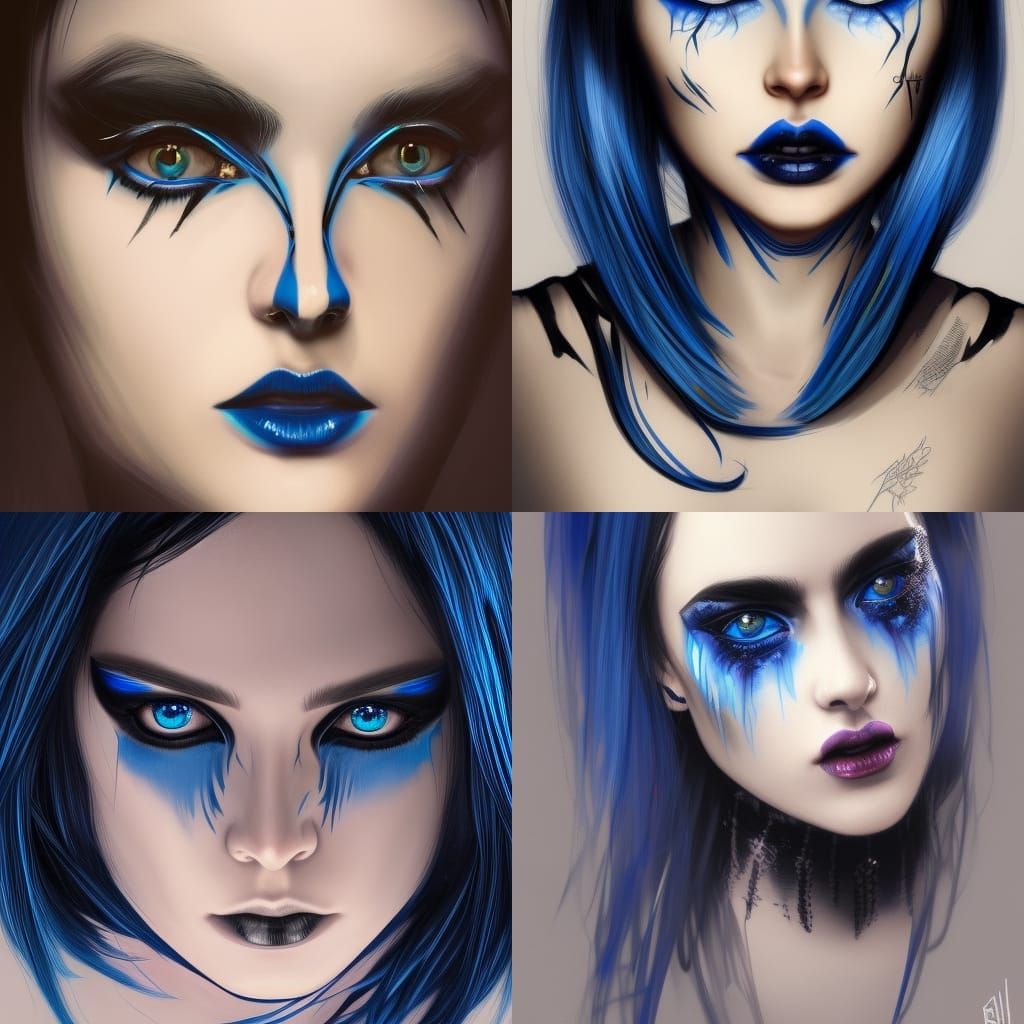 Ethereal gothic young lady with jet black hair and electric blue highlights and cobalt blue eyeshadow and Black eyeliner...