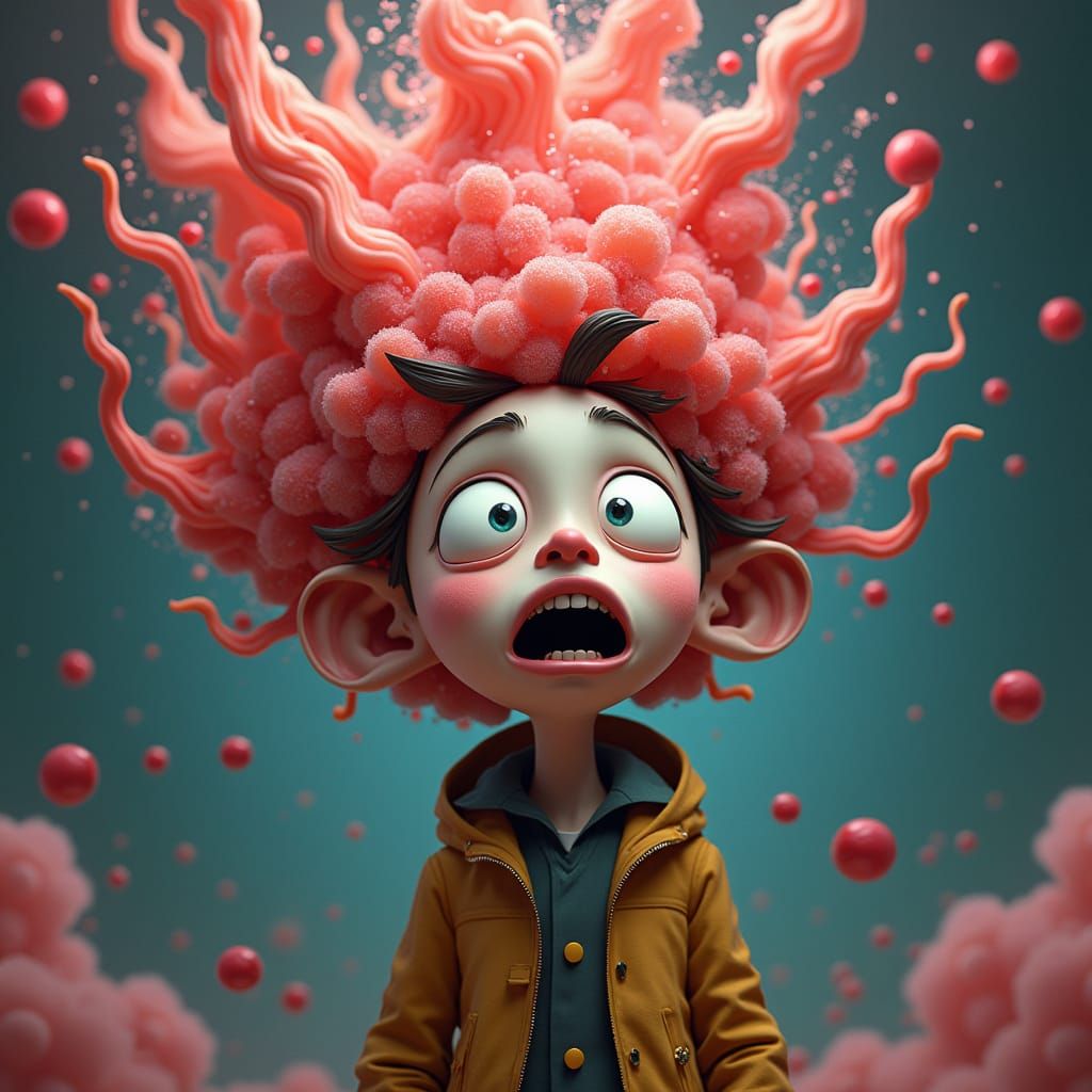 Candy Explosion: Whimsical Character in Dreamlike Scene