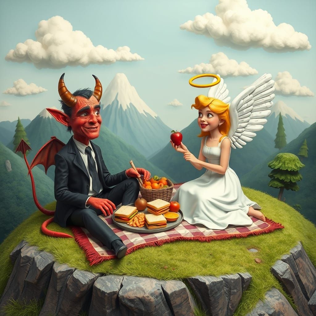 Devil and Angel Picnic on Whimsical Mountain