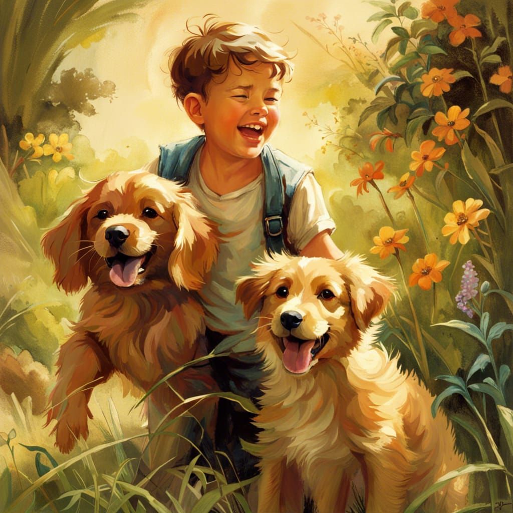 Joyful Young Boy Plays Fetch with His Lovable Puppy in a Vib...