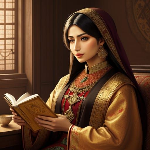 Turkish Woman Reading: Vibrant Oil Painting