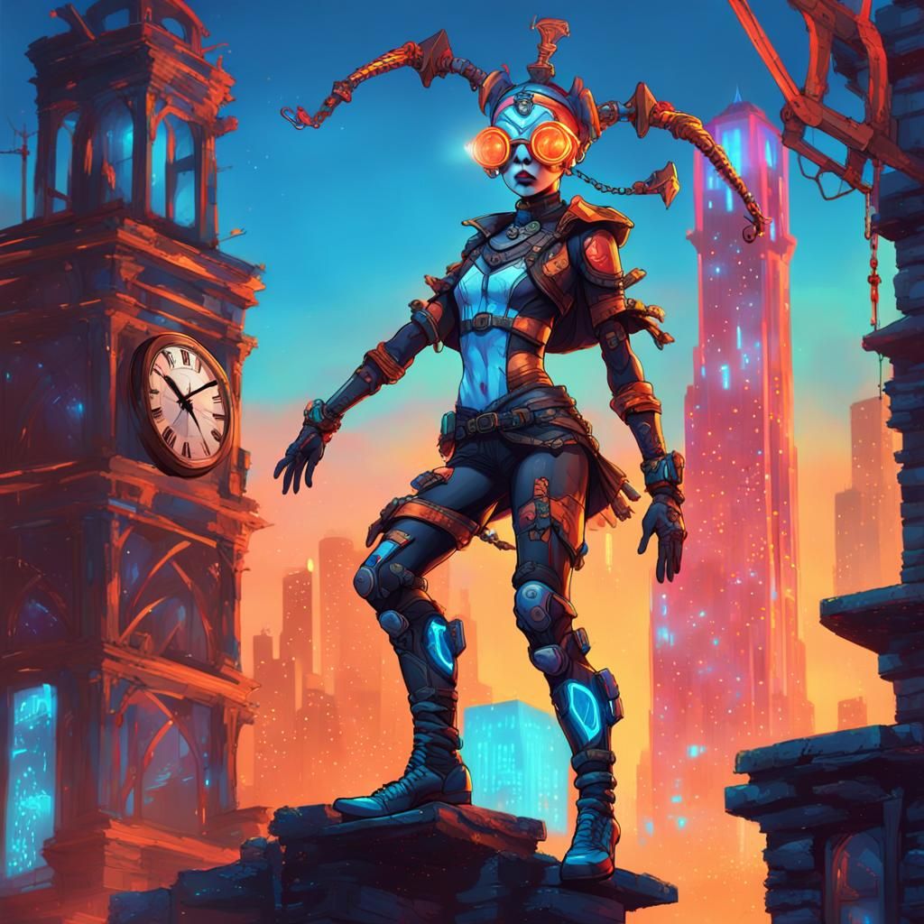 Cyberpunk Cyborg Harlequin Acrobat in Ruins
