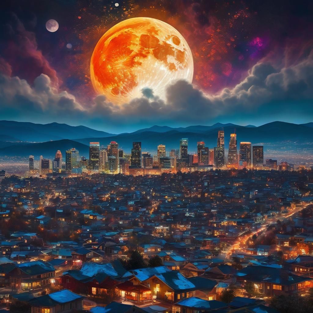 Giant Super Moon Over Luminous Cityscape