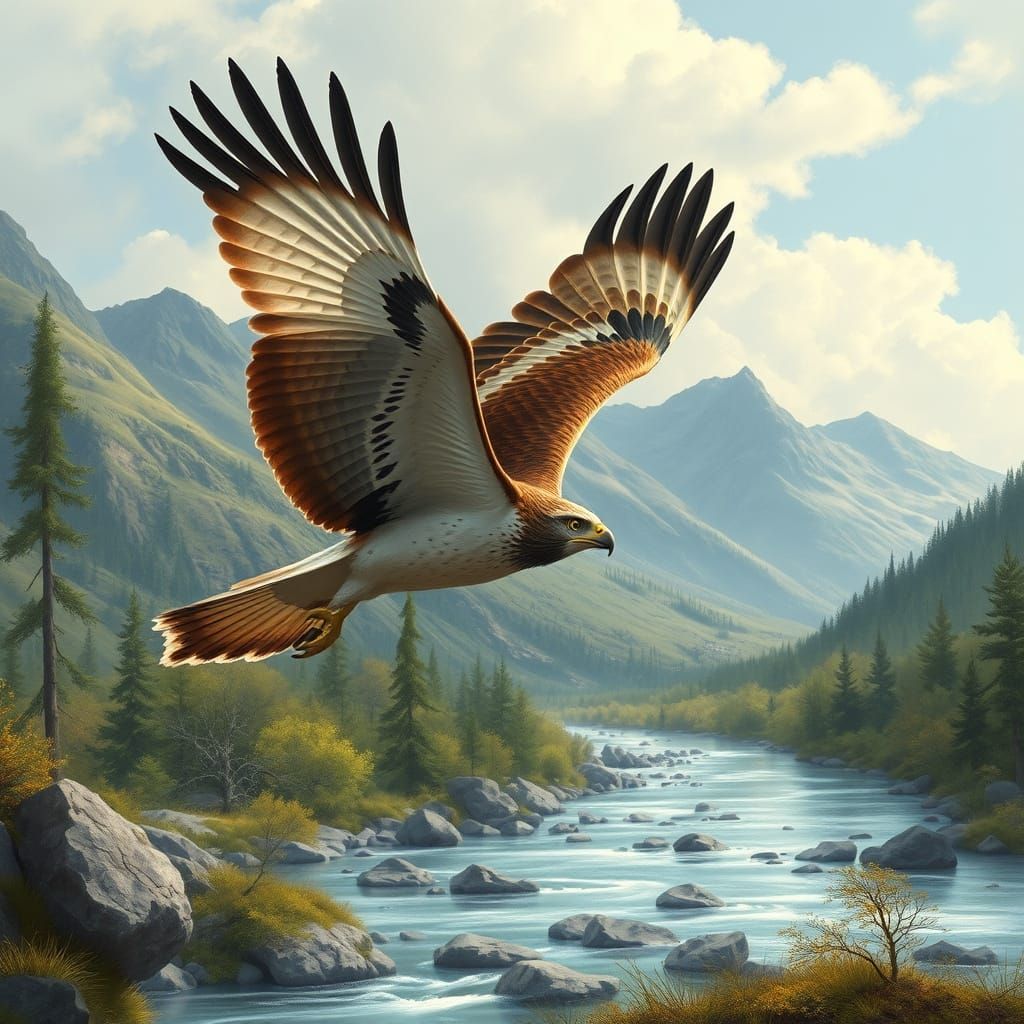 Hawk Over Mountain River: Audubon-Inspired Art