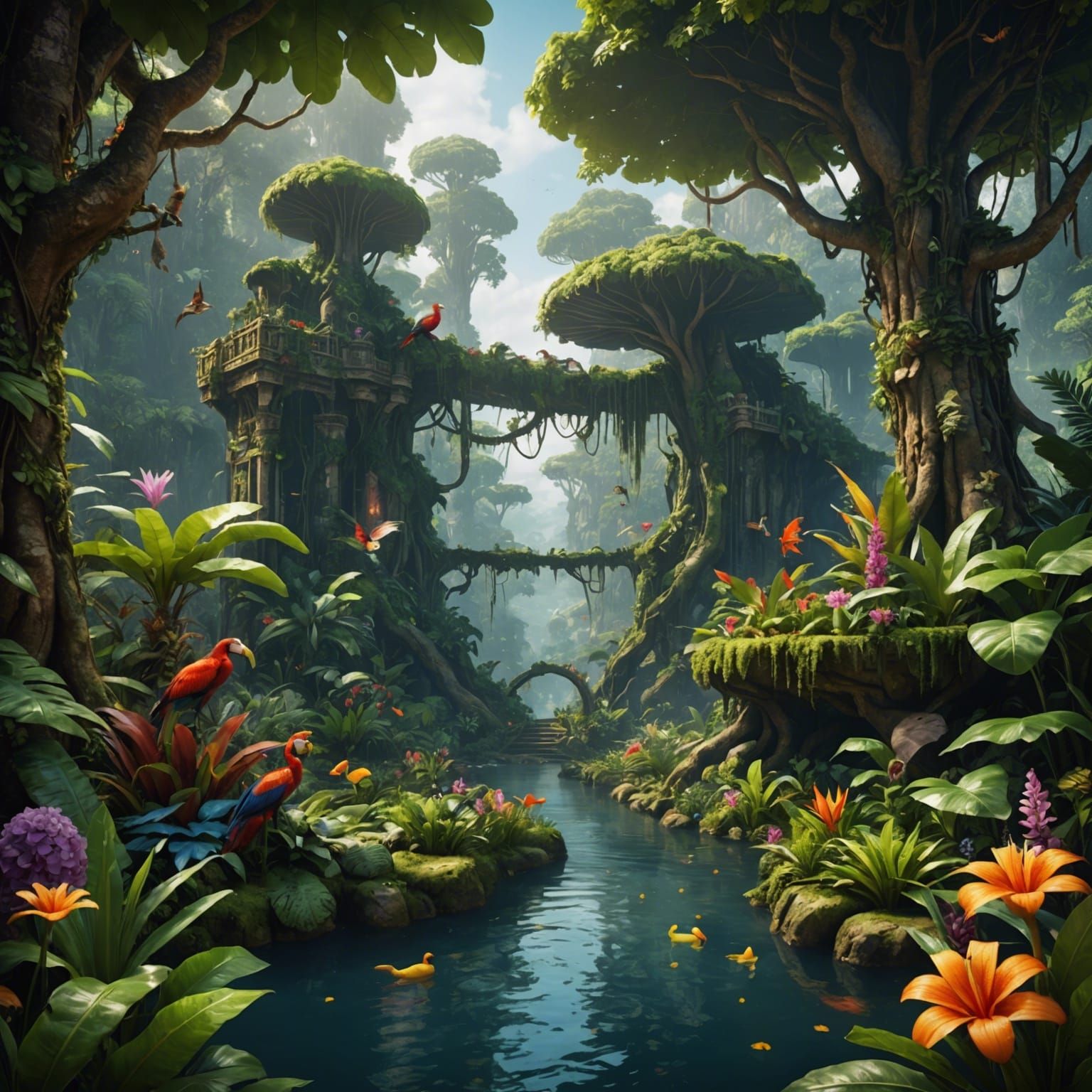 Lush Jungle Scene in Detailed Matte Painting Style