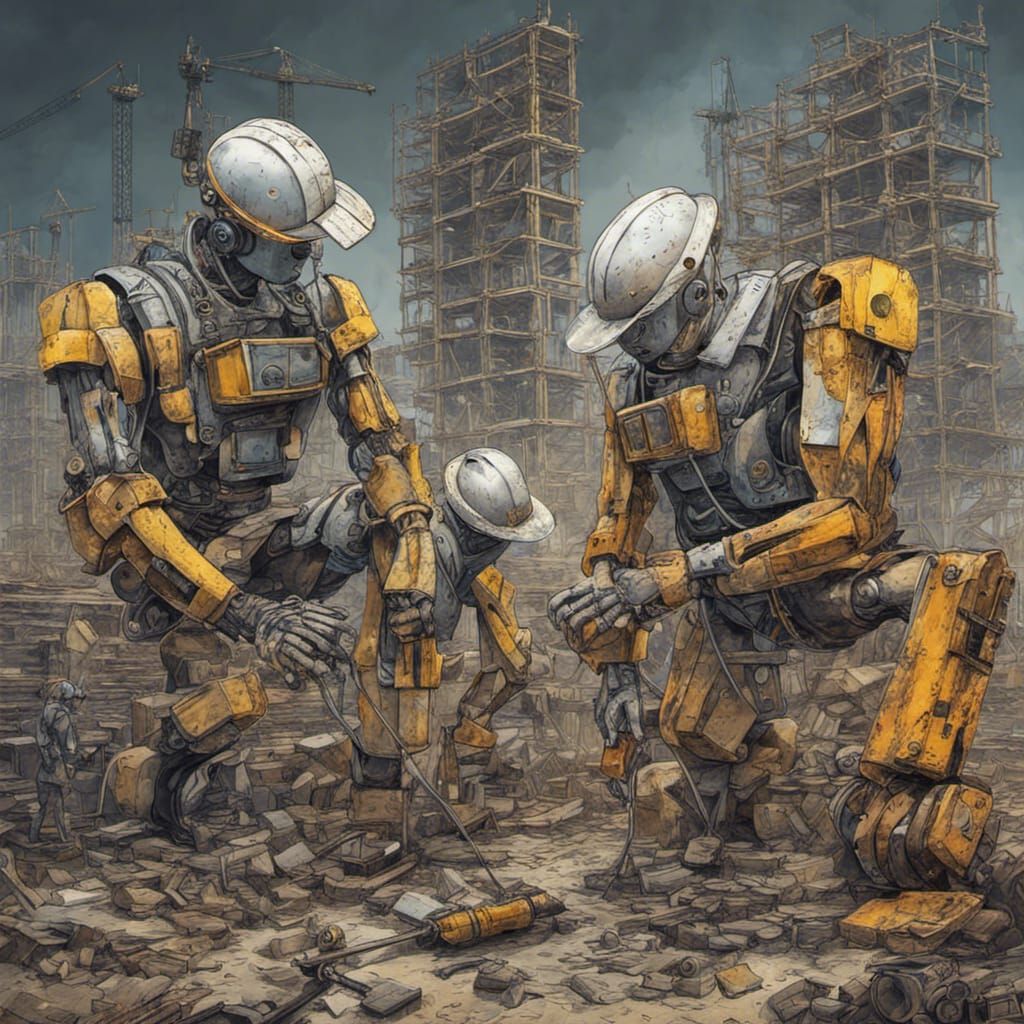 Cyberpunk Robot Construction Workers on Building Site