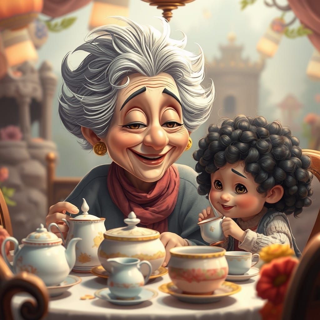 Grandma, enjoying pretend teaparty with 4 year old granddaug...