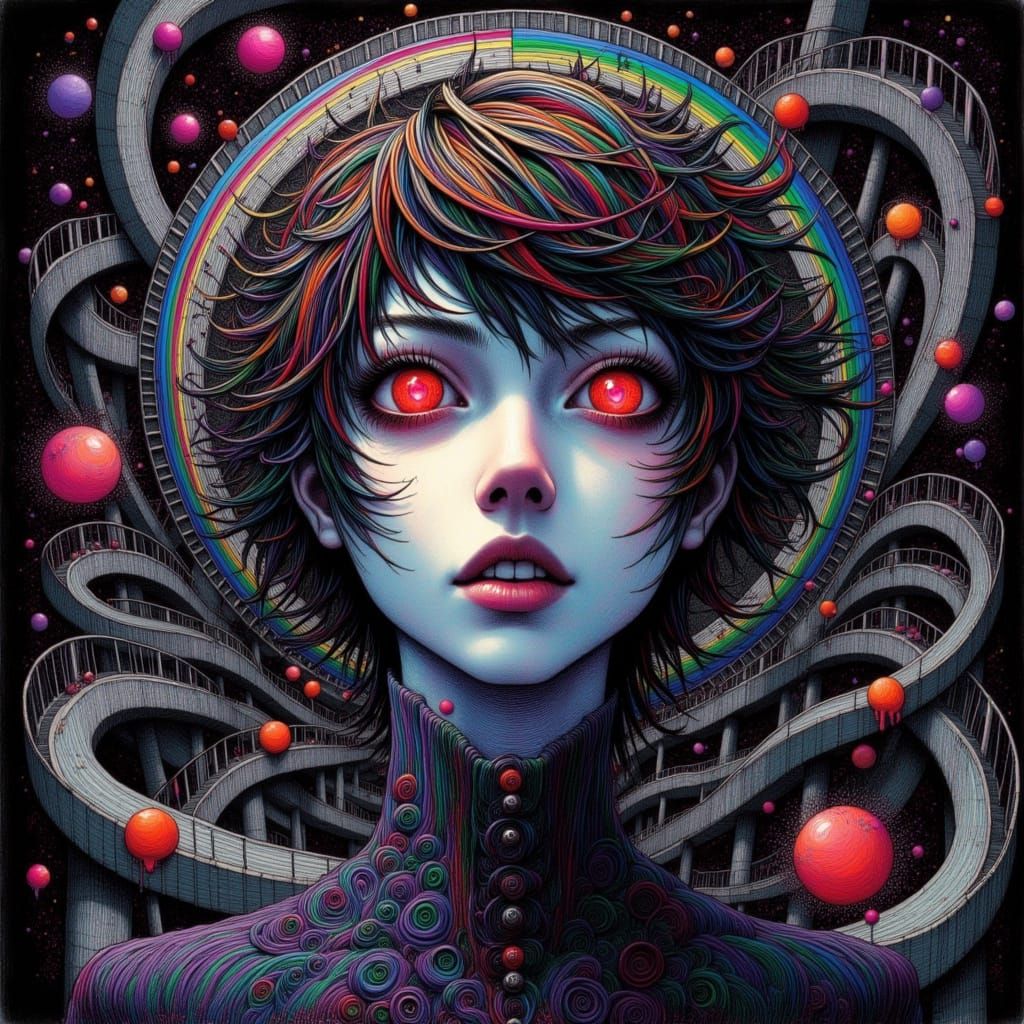 She reaches a red heart in a night sky dream land