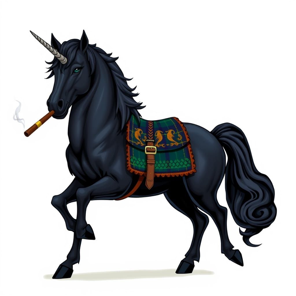 Majestic Scottish Unicorn Smokes a Cigar with Tartan Saddleb...