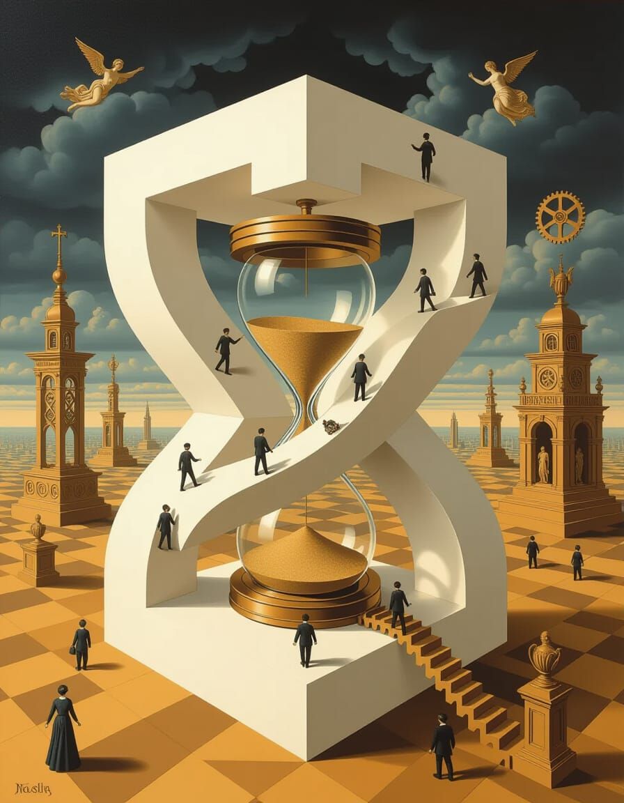 Surrealist Impossible Structure with Golden Hourglass and Ti...