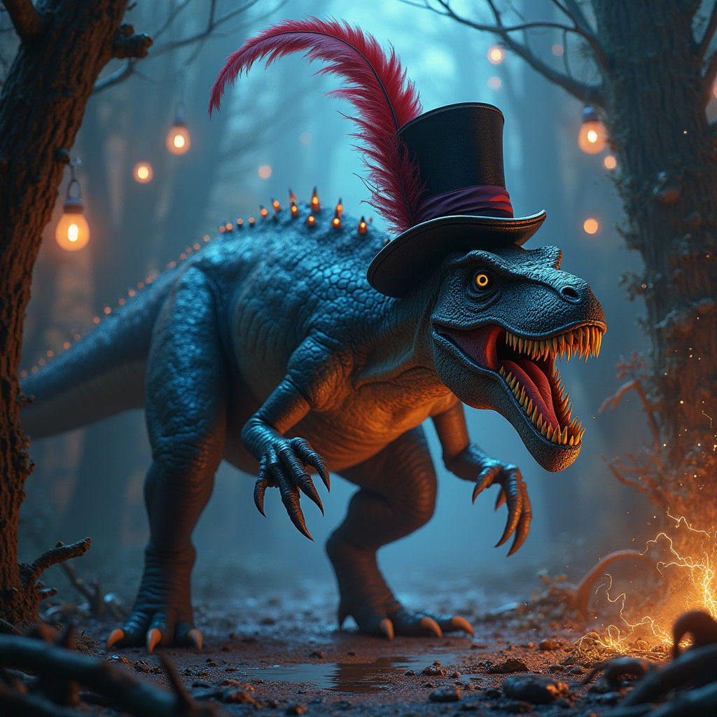 Electric Dinosaur in Top Hat: Gothic Fantasy Art