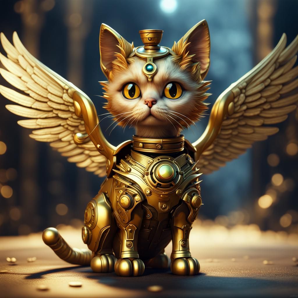 Steampunk Golden Cat with Wings: Detailed Digital Art