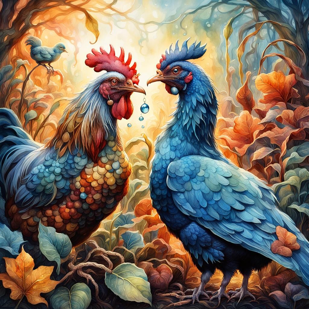 Hen with Earthworm in Garden: Watercolor Oil Illustration