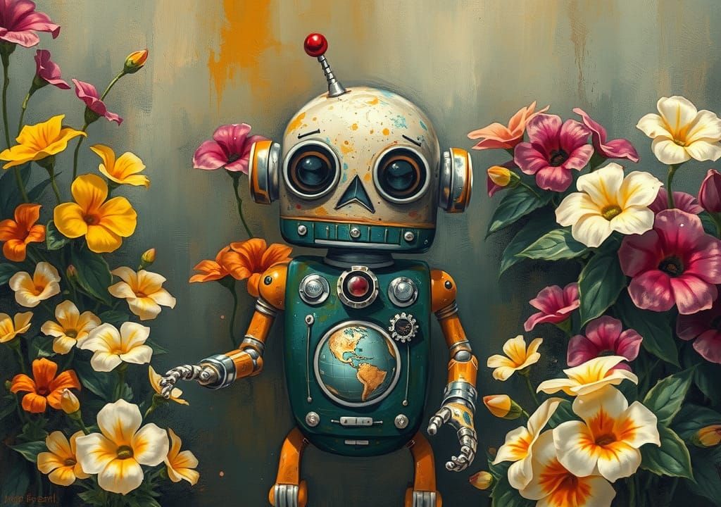 Sad Robot in Petunia Garden: Oil Gouache Style