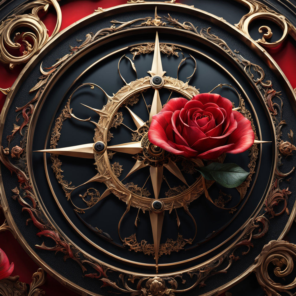 Surreal Compass Rose Tattoo with Blooming Red Rose