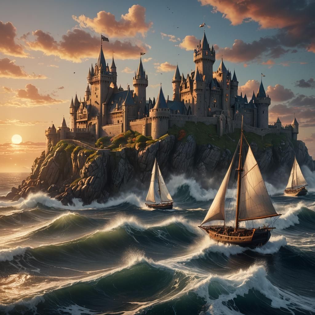 Ocean Sunset Castle: Detailed Matte Painting