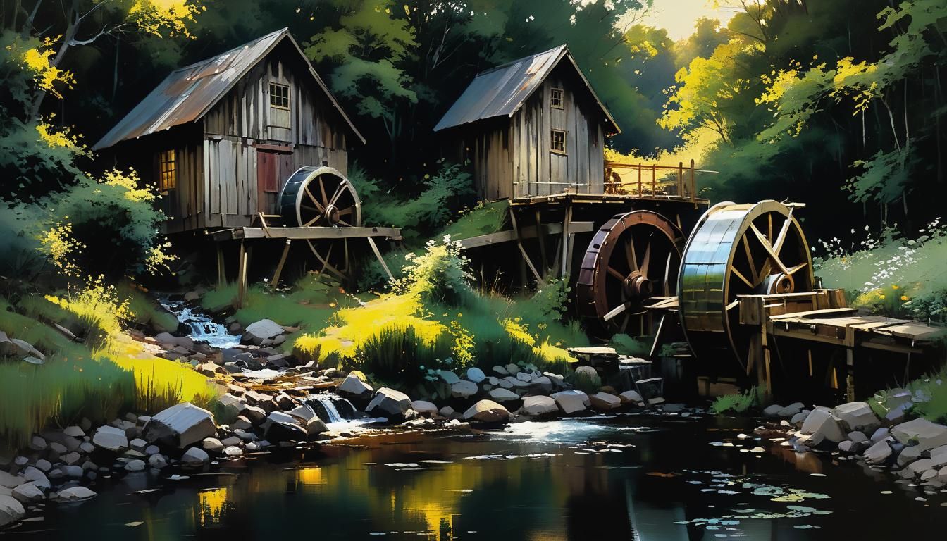 Water Wheel and Shed Painting in Golden Light