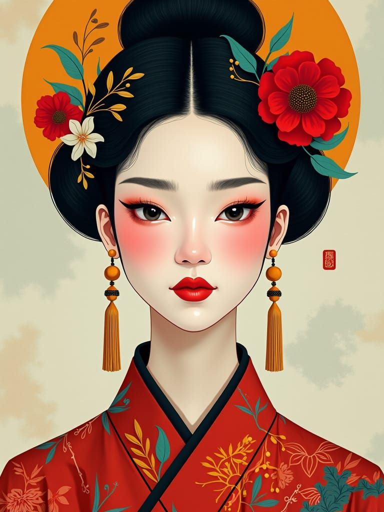 Cubist Portrait of Elegant Woman in East Asian Style