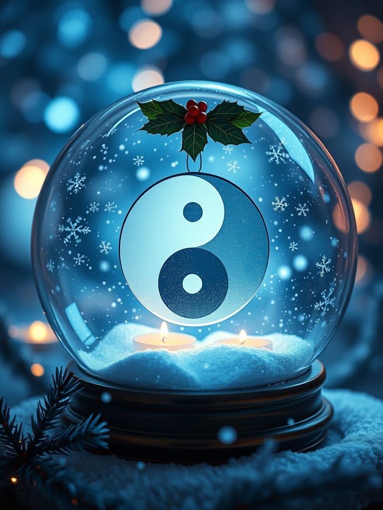 Ethereal Yin Yang Symbol in Whimsical Christmas Snow Globe