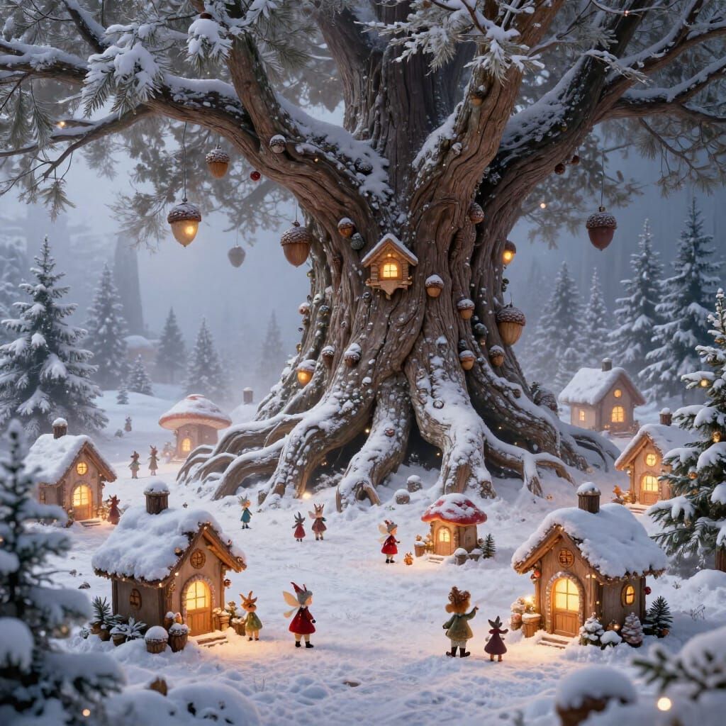 Fairy Village Amidst Ancient Tree Roots in Winter