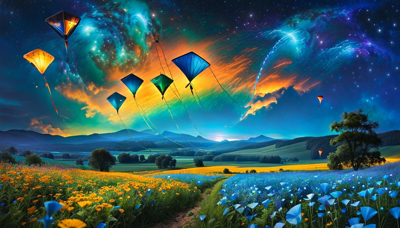 Bioluminescent Kites Under Cosmic Sky: Psychedelic Art