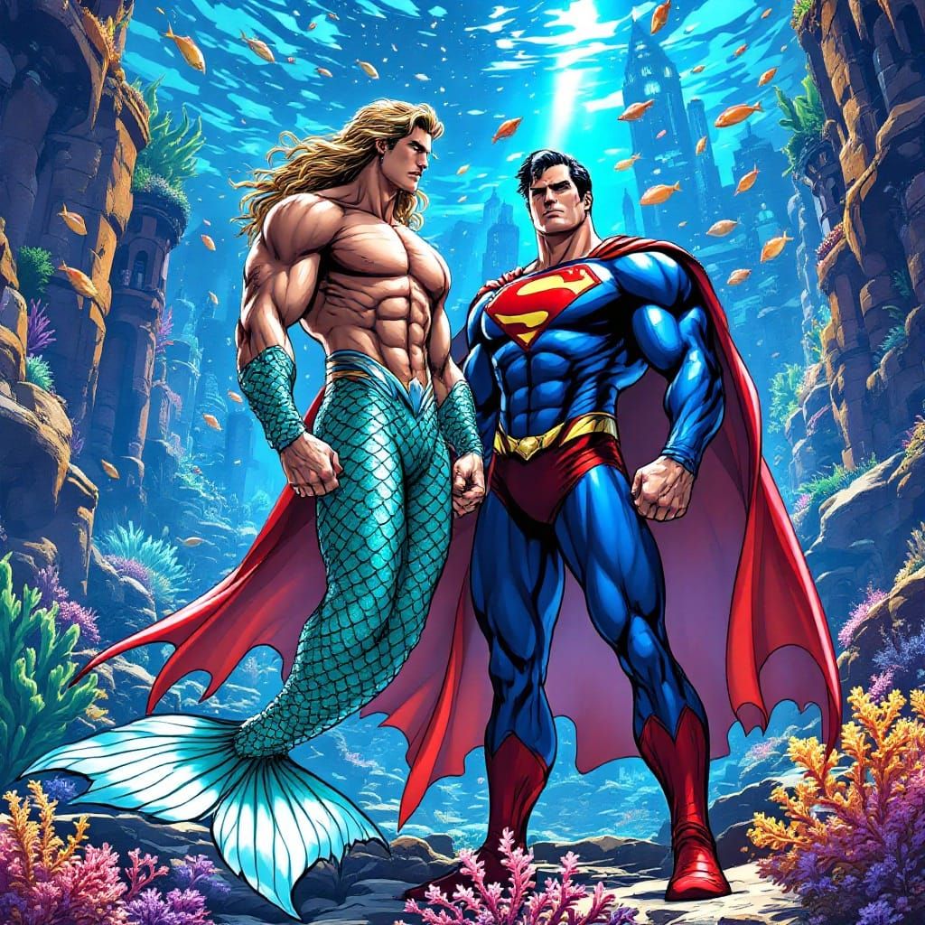 Majestic Merman Stands Tall with Superman in Vibrant Underwa...