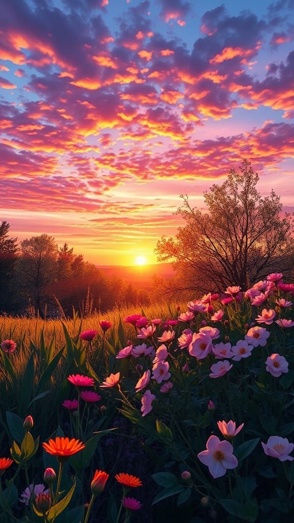 Vibrant Springscape at Sunset, in Watercolor Style