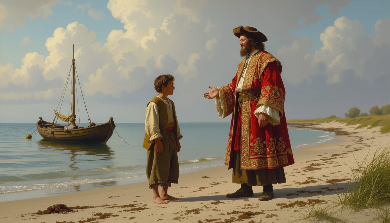 Wealthy Merchant Meets Fisherman in Dutch Golden Age Style