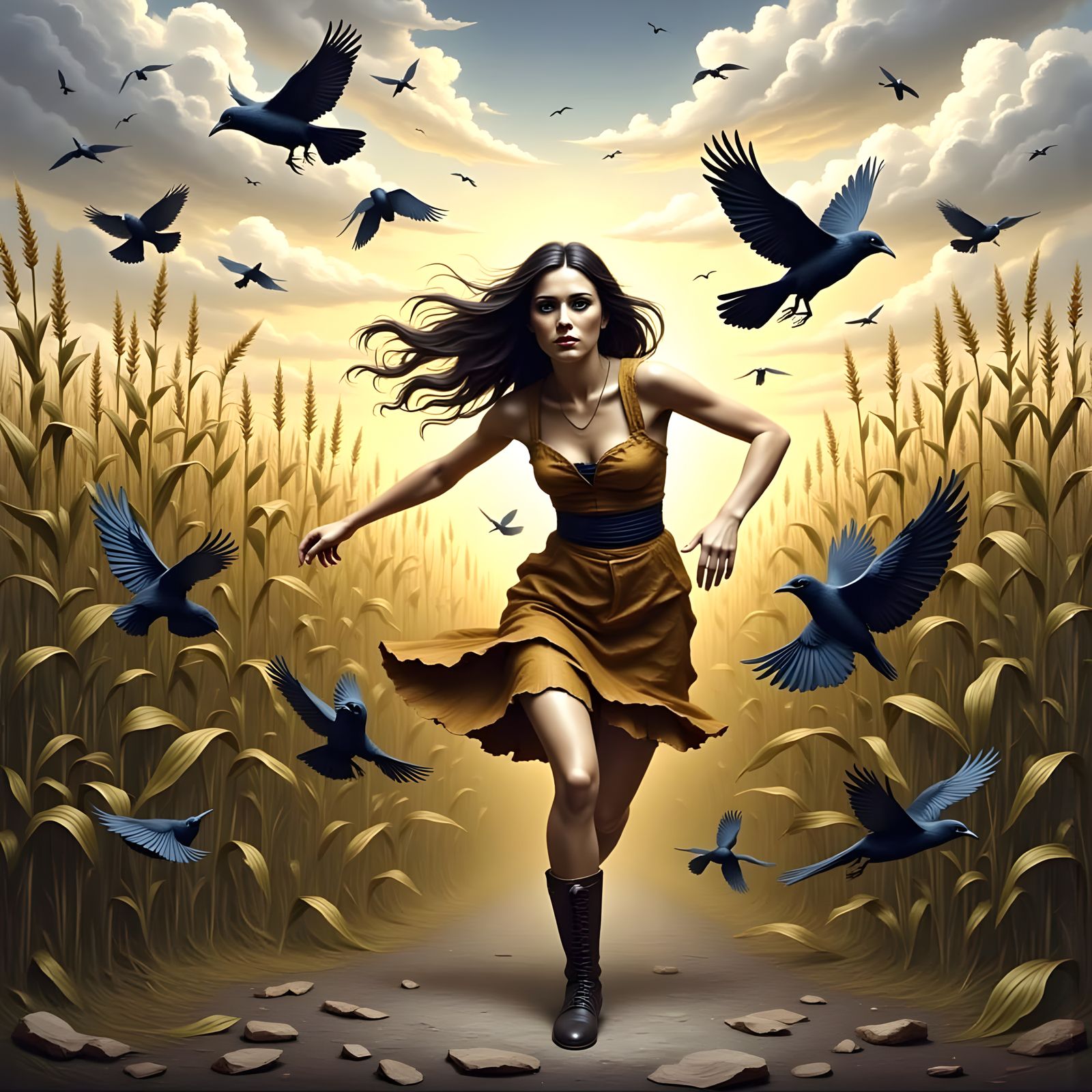 Surreal Cornfield Chase in Dark, Textured Style