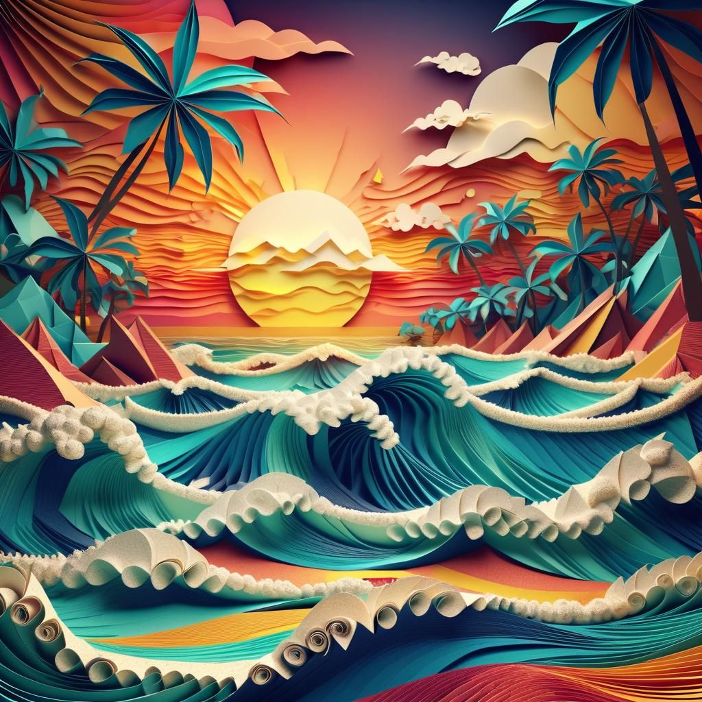 Tropical Sunset in Origami Papercraft Style