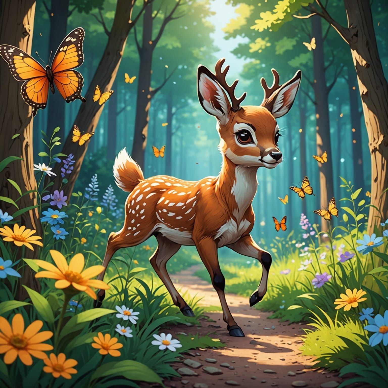 Cute Deer Chasing Butterfly in Anime Style