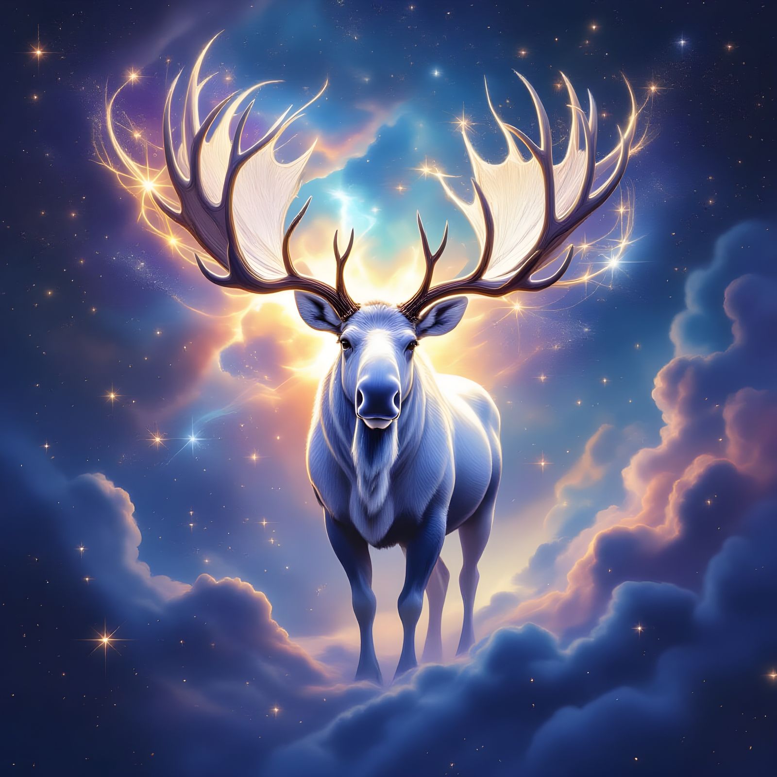 Majestic White Moose in Cosmic Nebula Fantasy Art