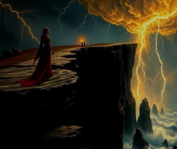 Mystical Woman Watches Storm on Cliff