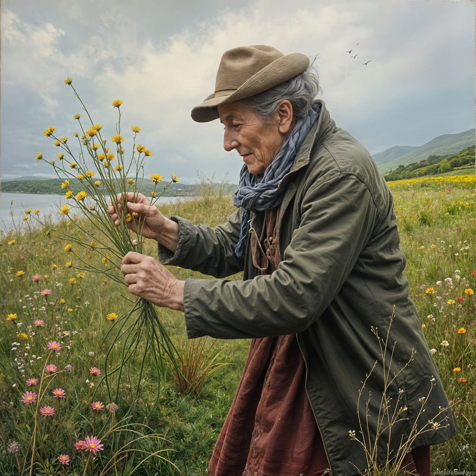 Aging Irish Woman Picking Wildflowers on a Muted Day