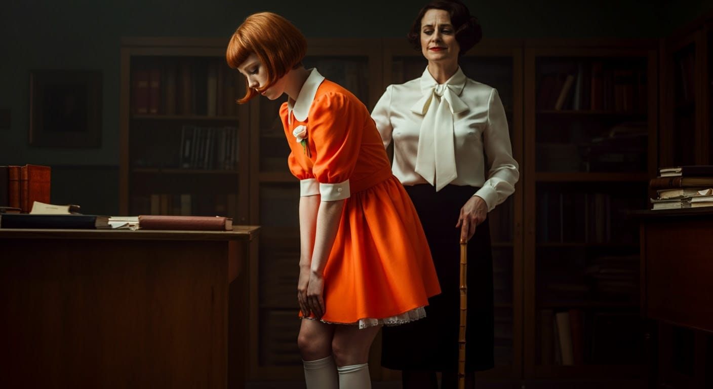 Elegant Redhead Student in 1960s Setting