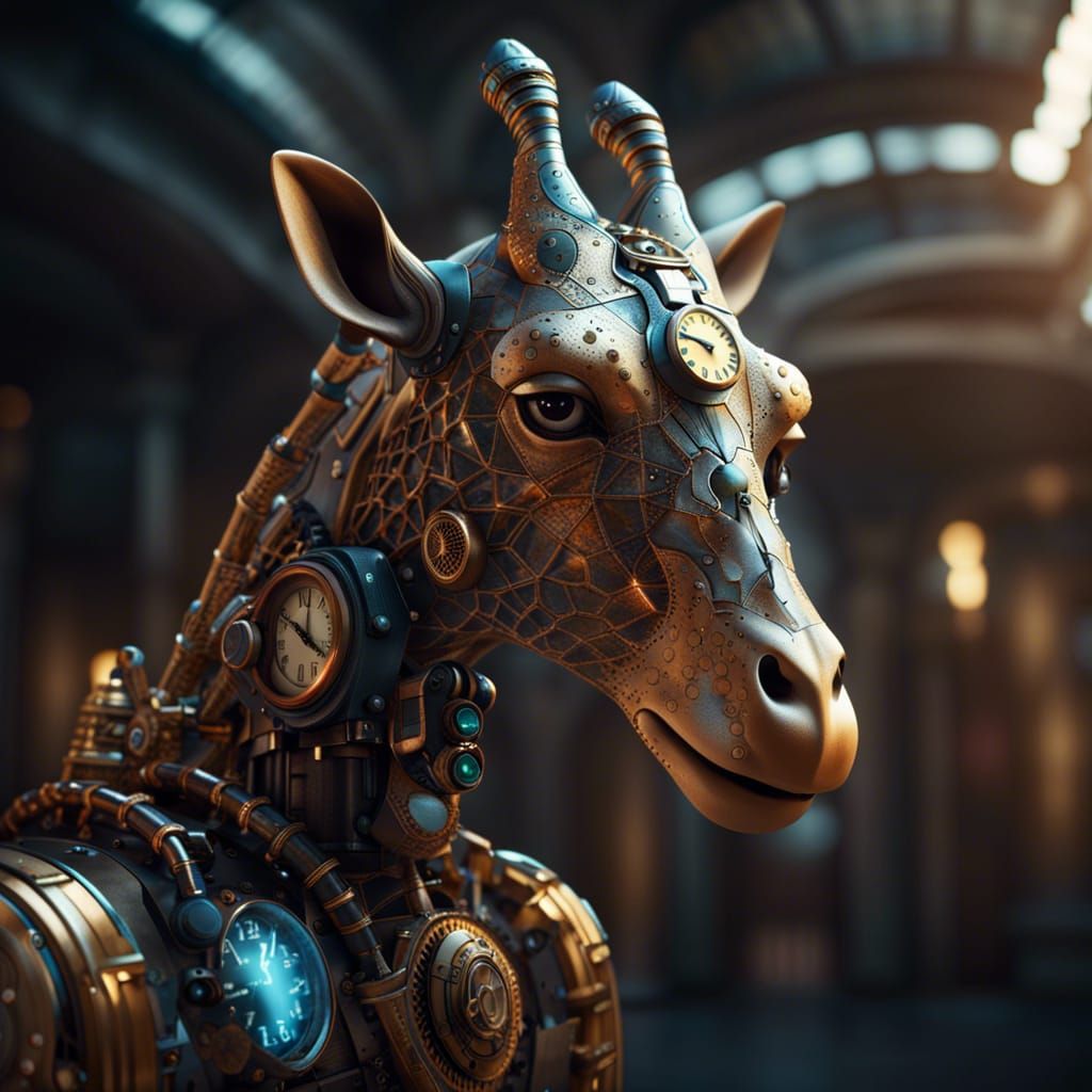 Bionic Giraffe with Clockwork Helmet, Detailed Art