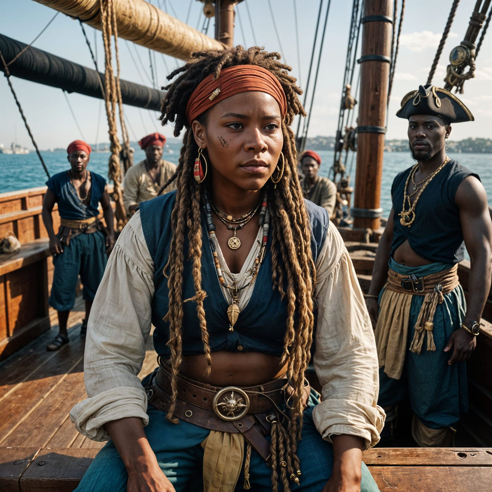African Pirate Warlord Relaxing on Ship Deck