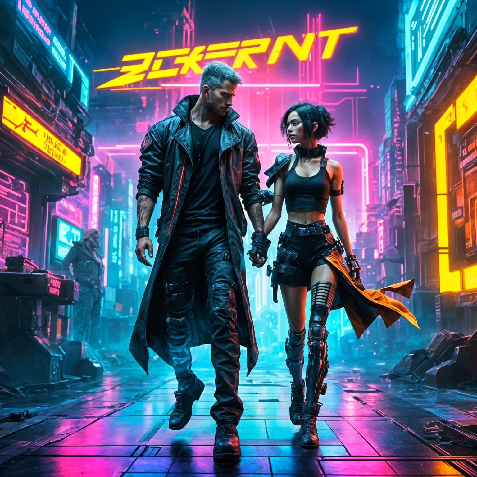 Cyberpunk Couple Dancing in Neon Future