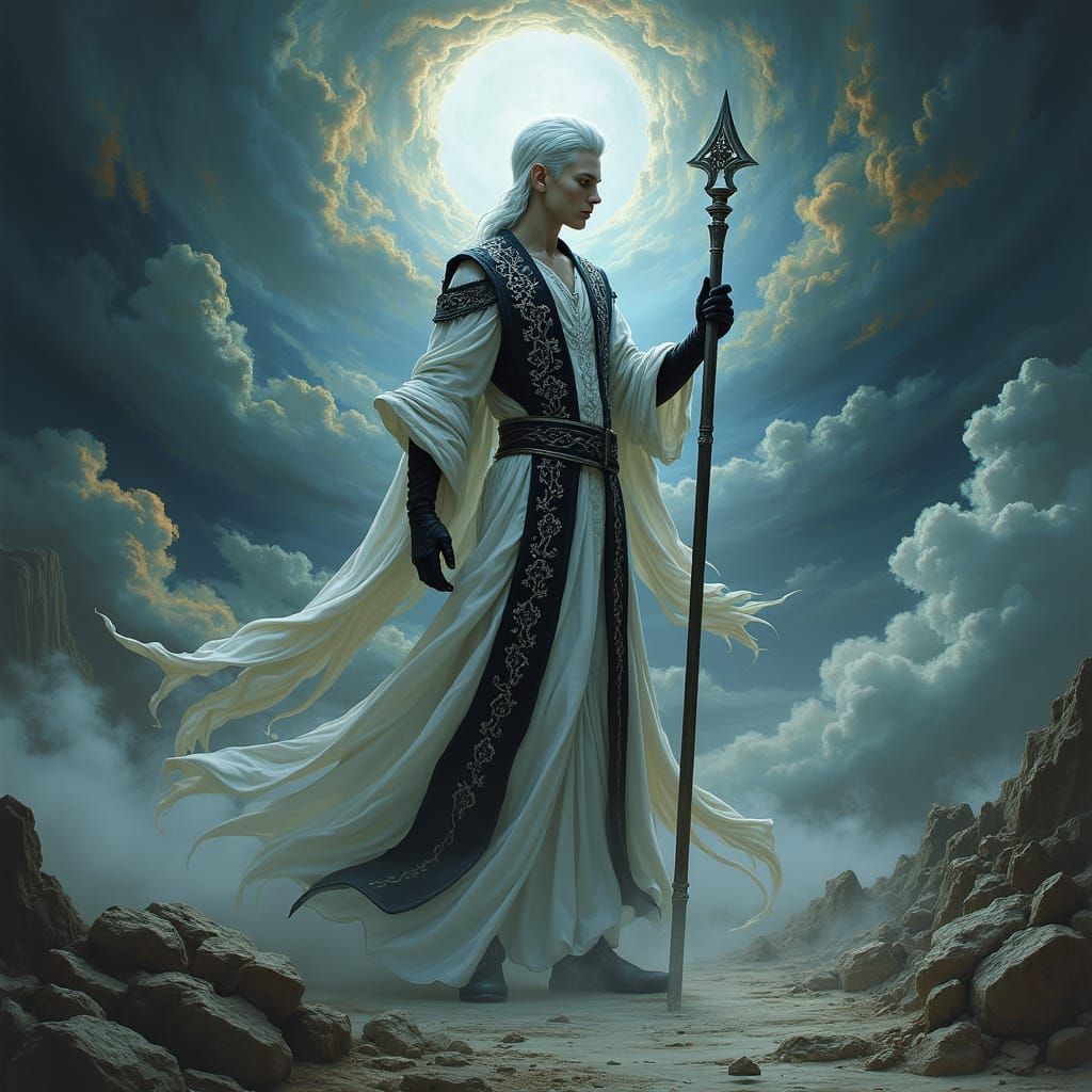 Heroic Figure Embodying Balance of Light and Darkness in Eth...