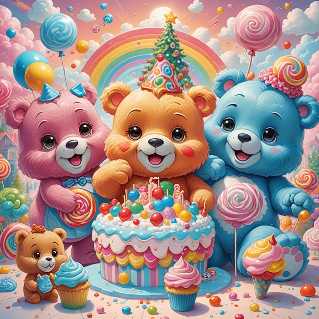 Whimsical Care Bears in a Fantastical Candyland Celebration