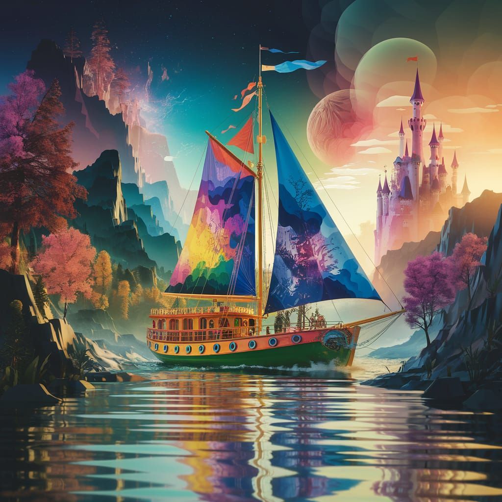 Surreal Sailing Boat in Dreamscape, 3D Render