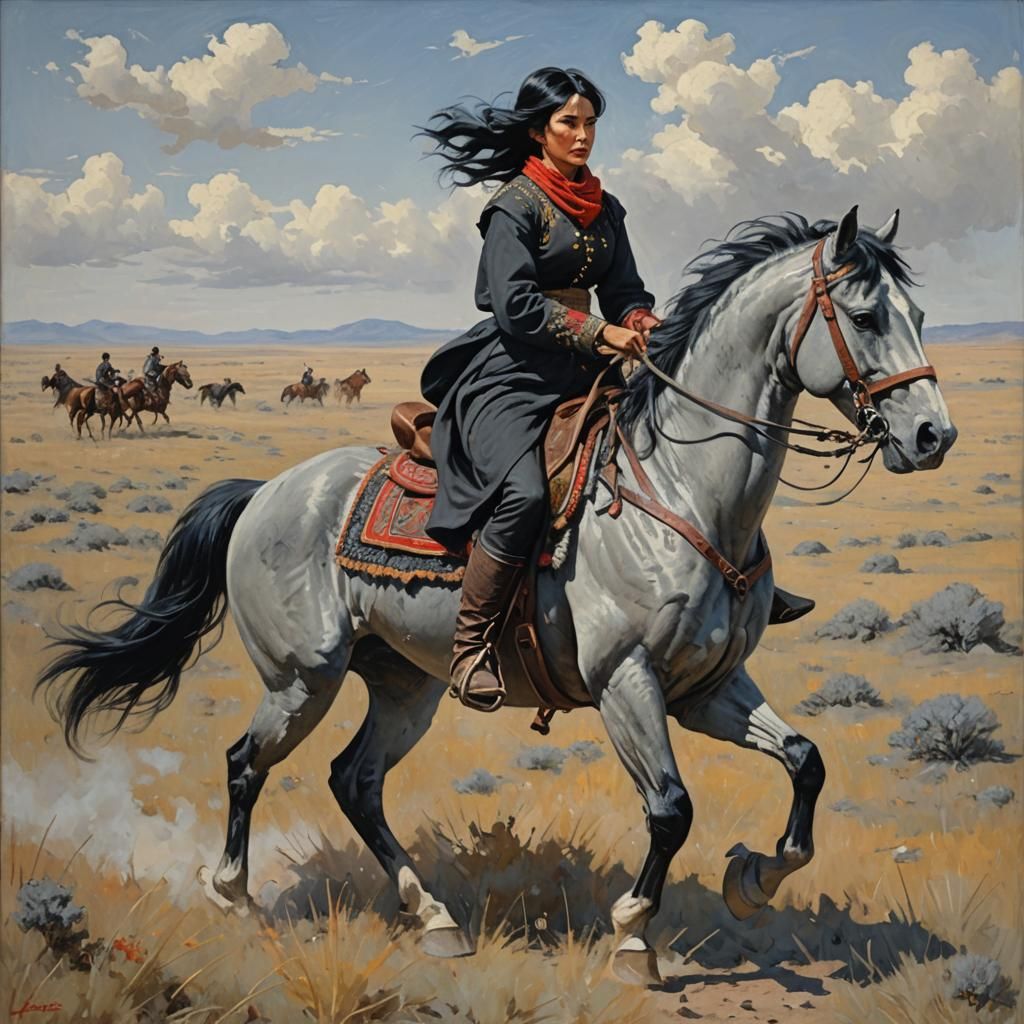 Cossack Woman Riding Horse: Impressionistic Oil Painting