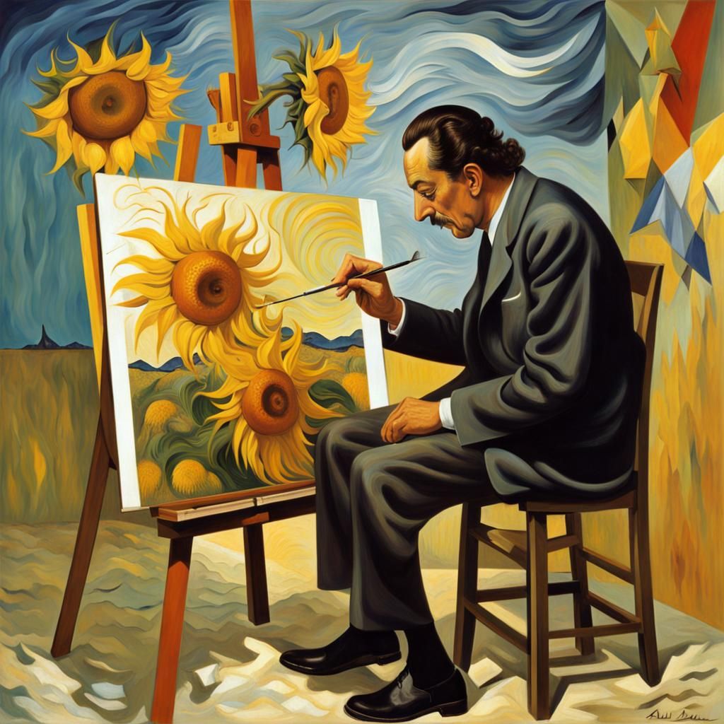 Dali Paints Van Gogh's Sunflowers: Abstract Cubism