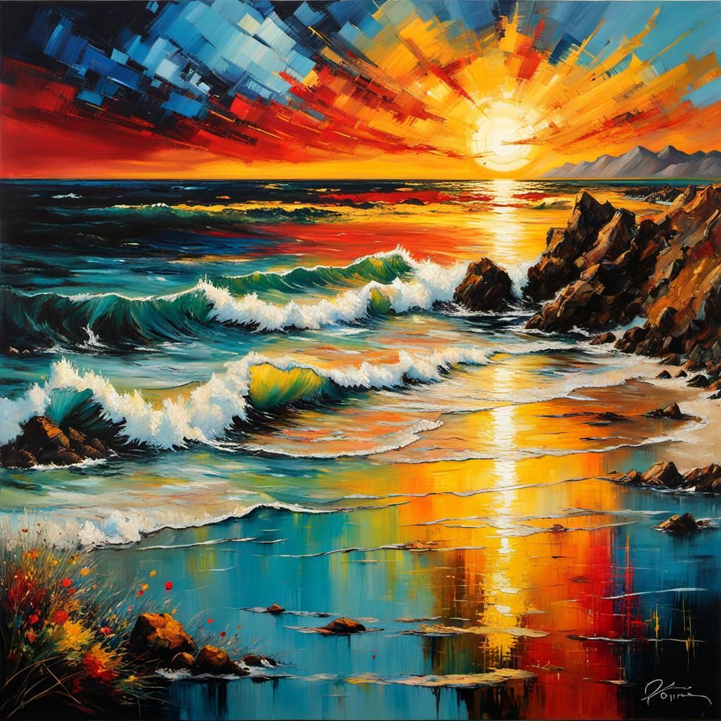 Surreal Beach Sunset in Encaustic Style